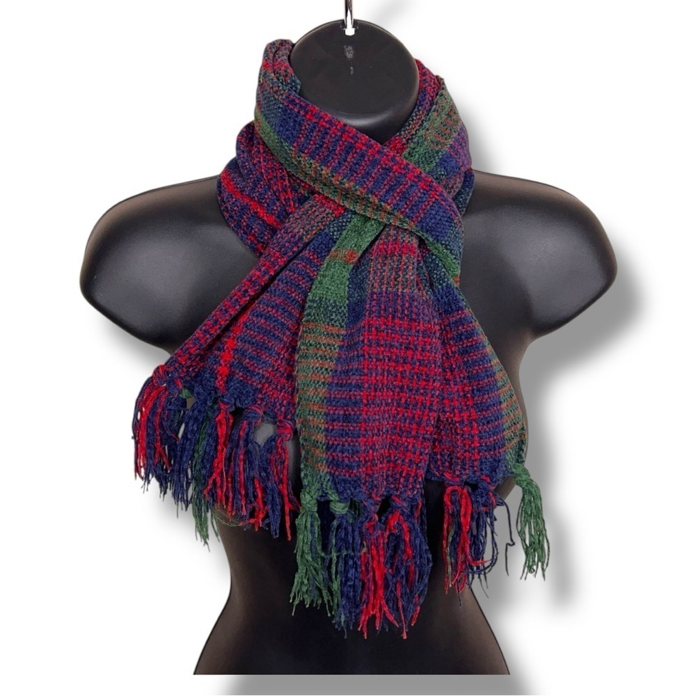 Chenille Knit Tartan Plaid Scarf Fringe Accent Blue Red Green Academia Preppy